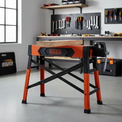 Black+Decker Workmate portable workbench in a garage with tools for a small DIY project.