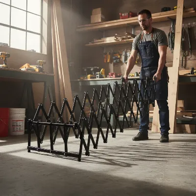 Bora Centipede Folding Portable Workbench 2026 in mid-setup on a job site, highlighting its quick accordion action and compact storage.