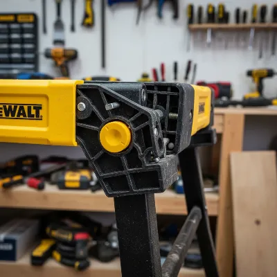 A close-up shot illustrating a common issue with the DeWalt Folding Portable Workbench where a leg mechanism is stuck or misaligned, preventing smooth operation. Focus on the leg joint area. Realistic, medium shot, workshop background, diffused lighting, highlighting the mechanical detail.