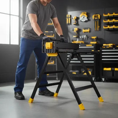 A person effortlessly setting up the DeWalt Folding Portable Workbench in a garage, demonstrating the quick setup with the yellow button and handle. Realistic, eye-level shot, bright lighting, workshop background.