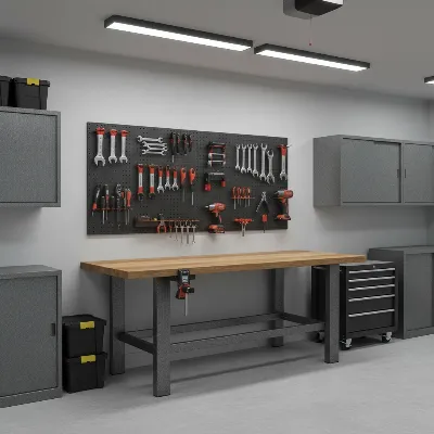 Gladiator 6 Foot Adjustable Height Workbench in a modern garage setting