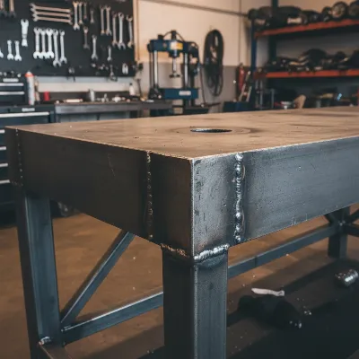 Close-up of heavy-duty steel workbench construction with reinforced frame.