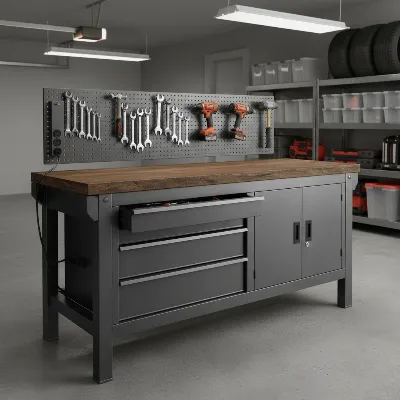 A heavy-duty garage workbench with a thick wooden top, steel frame, and integrated storage drawers and cabinets, featuring organized tools and power outlets on the side.
