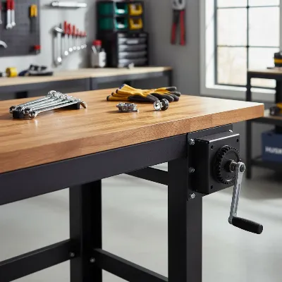 Close-up view of the Husky 46-inch adjustable height workbench with its wooden top and steel frame, showing the manual crank mechanism.