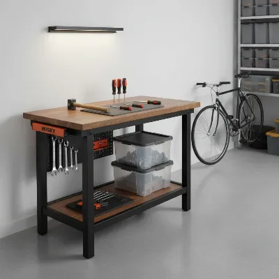 Husky adjustable height compact workbench in a small, tidy garage