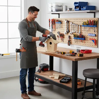 Person happily working at a Husky 46-inch adjustable height workbench in a bright, organized garage workshop.