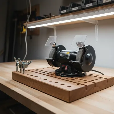 A bench grinder mounted on a modular plate, ready to be clamped or bolted to different workbench locations, illustrating flexibility and portability.