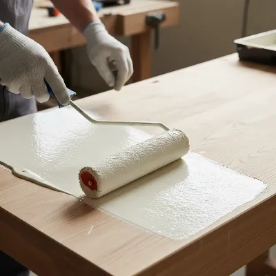 A close-up of a DIYer carefully painting a wooden workbench with a roller, showing an even coat of paint being applied. The area is clean and well-prepared.