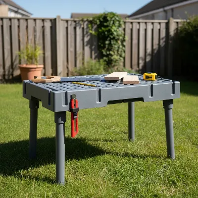 A portable folding workbench set up outdoors with light carpentry tools