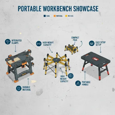 Diverse range of portable workbenches compared, highlighting various features like clamping mechanisms, portability, and material types for a buyer's guide.