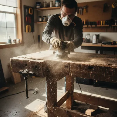 A person diligently sanding an old wooden workbench in a well-lit home workshop, wearing a dust mask and safety glasses, with sawdust visible on the surface.