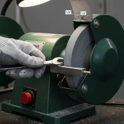 A close-up shot of a hand adjusting the tool rest and tongue guard of a bench grinder, emphasizing safety procedures and accurate spacing.