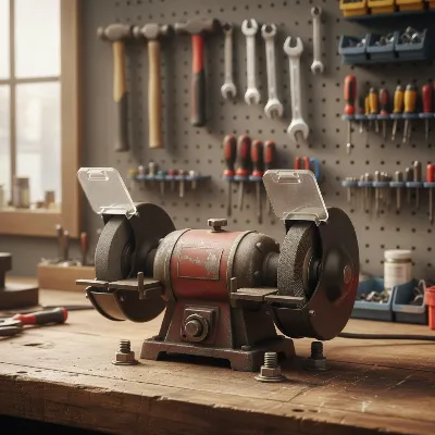 A securely mounted bench grinder on a sturdy wooden workbench, with clear workspace around it, highlighting stability and readiness for use.
