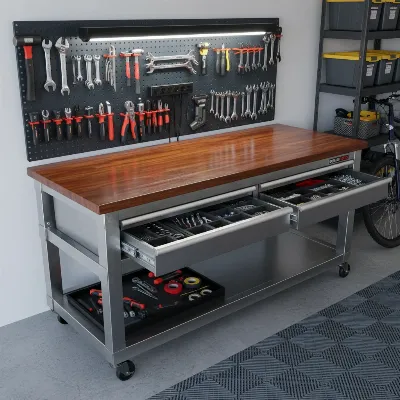 Seville Classics UltraHD Lighted Workbench with tools and supplies organized on pegboard