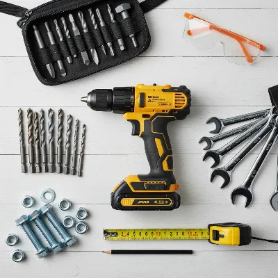 An assortment of tools and materials for attaching a bench grinder, including drill, bolts, wrenches, and safety gear, laid out on a clean workbench.