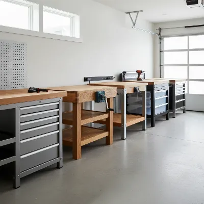 A lineup of 5 diverse top-rated workbenches in a modern garage