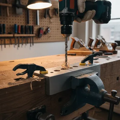 Drilling mounting holes for a workbench vise on a wooden bench