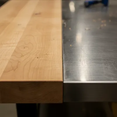 Durable materials for a wall-mounted folding workbench, illustrating wood and steel tops