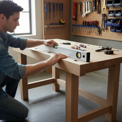 A person using a spirit level to diagnose a wobbly wooden workbench, highlighting uneven legs.
