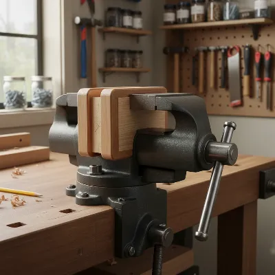 Finished wooden jaw liners attached to a workbench vise