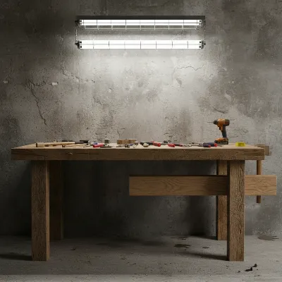 Garage workbench braced against a concrete wall with a wooden block