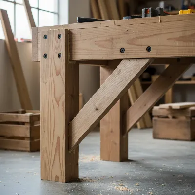 A close-up view of a wooden workbench leg with diagonal bracing added for stability, showcasing a DIY fix.