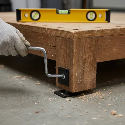 Detailed steps for installing adjustable leg levelers on a workbench for DIY enthusiasts.