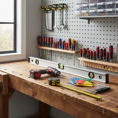 Essential tools for DIY workbench leveling including a spirit level, shims, and adjustable leg levelers.