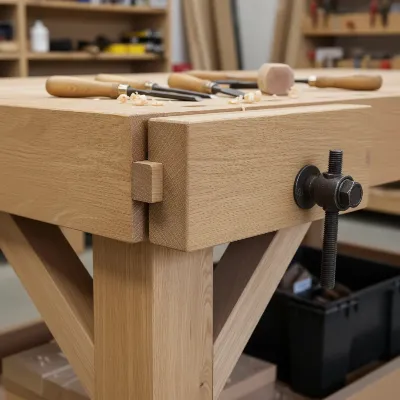Close-up of a well-designed workbench frame with strong joinery and cross-bracing.