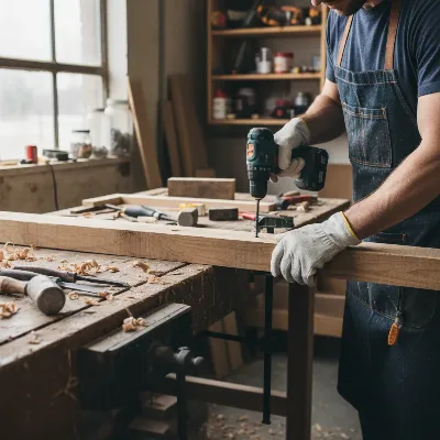 Man installing a wooden stiffener beam under a sagging wooden workbench top with screws.