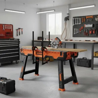 WORX WX051 Pegasus multi-function folding portable workbench in a garage with tools.